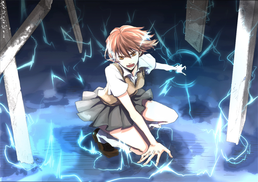 bad_id, biribiri, brown_eyes, brown_hair, electricity, hair_ornament, hairclip, misaka_mikoto, pleated_skirt, school_uniform, skirt, solo, sweater_vest, to_aru_kagaku_no_railgun, to_aru_majutsu_no_index, yuno_(leo-time)