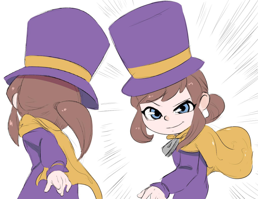 1girl, a_hat_in_time, blue_eyes, brown_hair, cape, closed_mouth, commentary, english_commentary