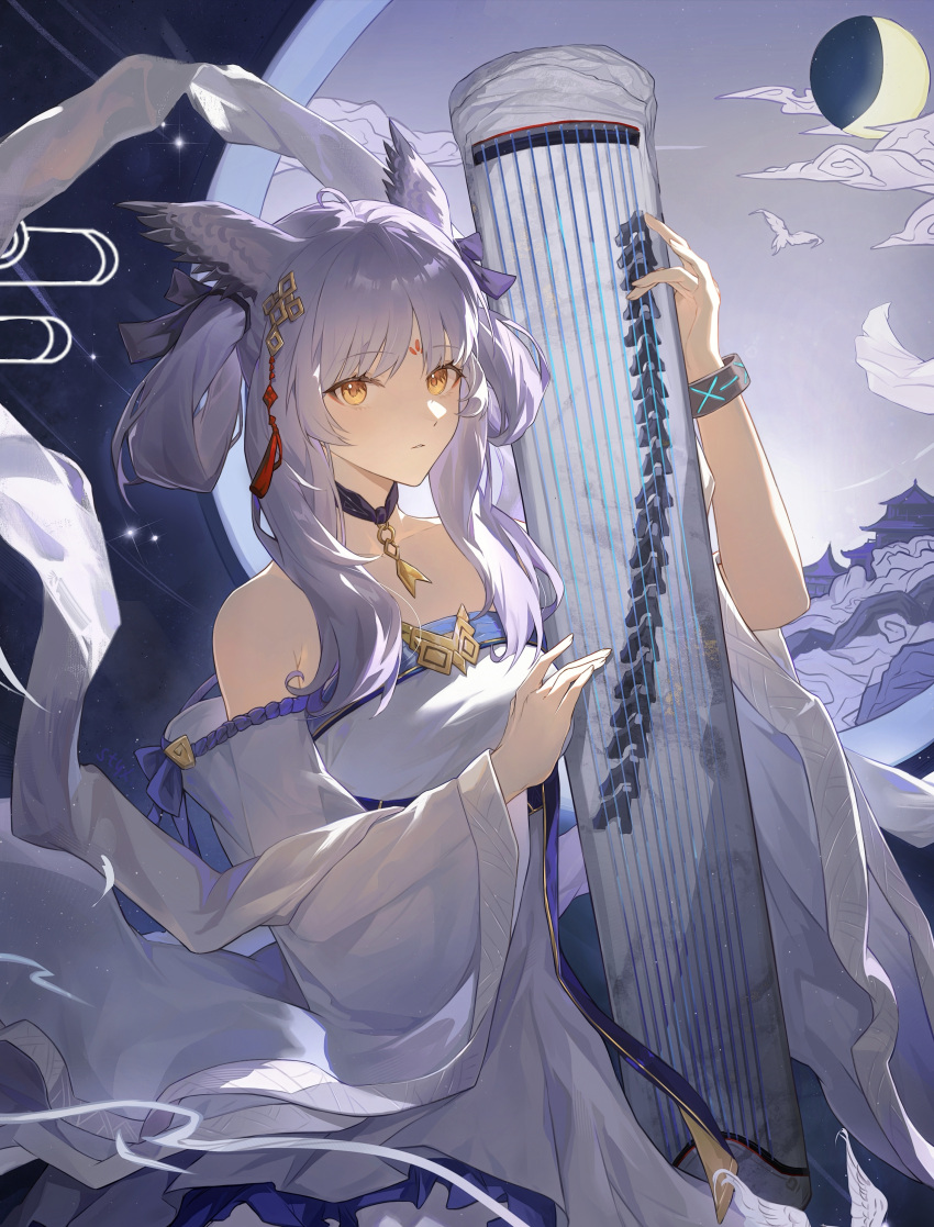 1girl, absurdres, architecture, arknights, bare_shoulders, bird, black_bracelet, black_collar, bracelet, collar, cowboy_shot, dress, east_asian_architecture, facial_mark, forehead_mark, grey_hair, guzheng, hagoromo, hair_ornament, hair_rings, highres, infection_monitor_(arknights), jewelry, long_hair, looking_at_viewer, moon, official_alternate_costume, official_alternate_hairstyle, orange_eyes, owl_ears, owl_girl, parted_lips, ptilopsis_(amongst_the_clouds)_(arknights), ptilopsis_(arknights), shawl, solo, strapless, strapless_dress, styx_mo_yu, tassel, tassel_hair_ornament, white_dress, white_shawl, wide_sleeves