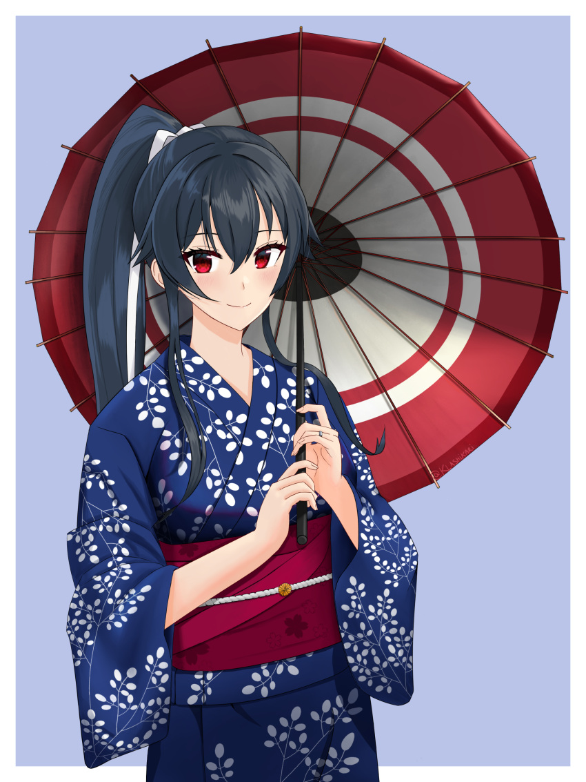 1girl, absurdres, black_hair, blue_kimono, cowboy_shot, hair_ribbon, highres, japanese_clothes