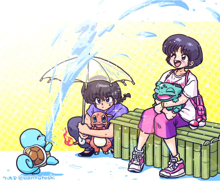 1boy, 1girl, backpack, bag, bamboo_bench, bench, black_hair, black_pants