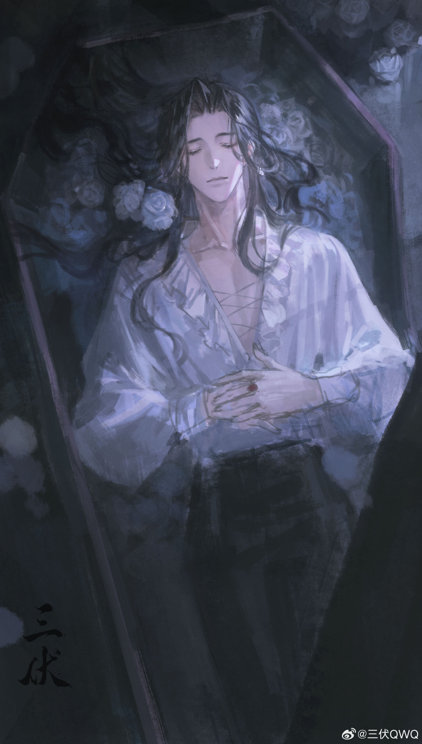 1boy, absurdres, alternate_costume, black_hair, black_pants, closed_mouth, code:_kite, coffin