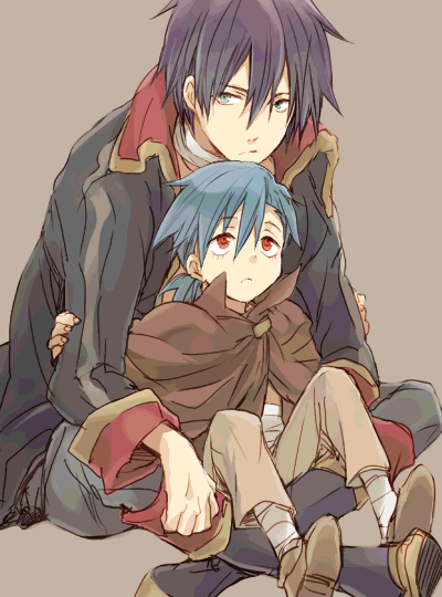 adult, age_difference, blue_hair, brown_background, child, frown, garlock_simon, green_eyes
