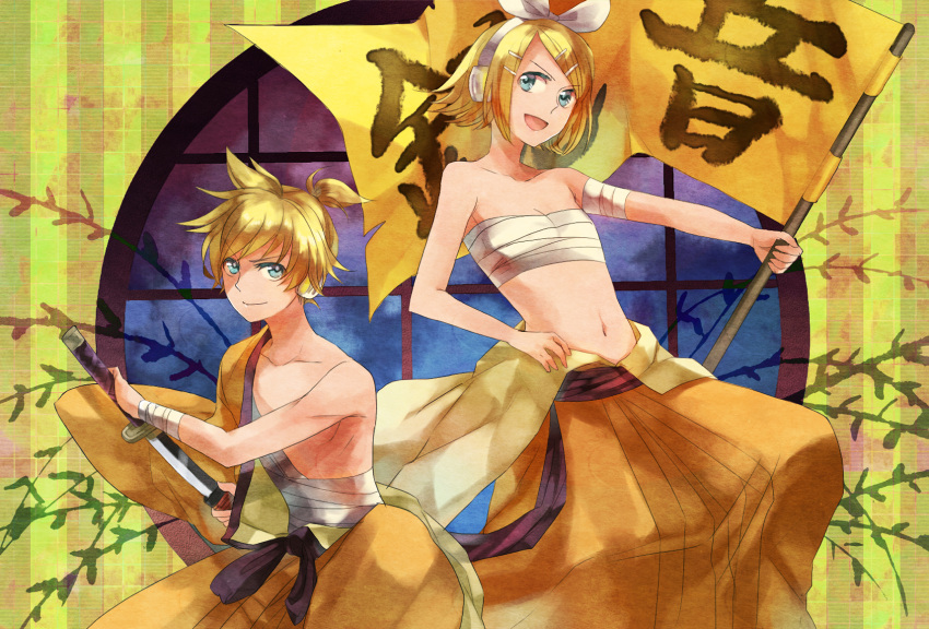 blonde_hair, brother_and_sister, gekokujou_(vocaloid), hair_ornament, hair_ribbon, hairclip, headphones, highres