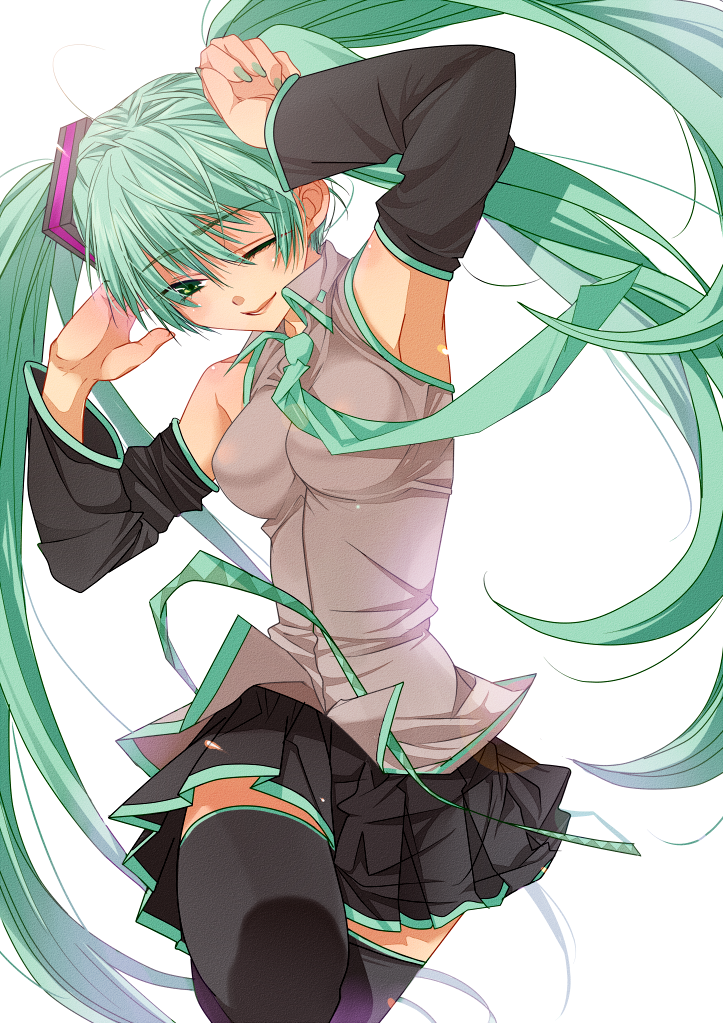 ahoge, aqua_eyes, aqua_hair, armpits, bad_id, detached_sleeves, hatsune_miku, long_hair