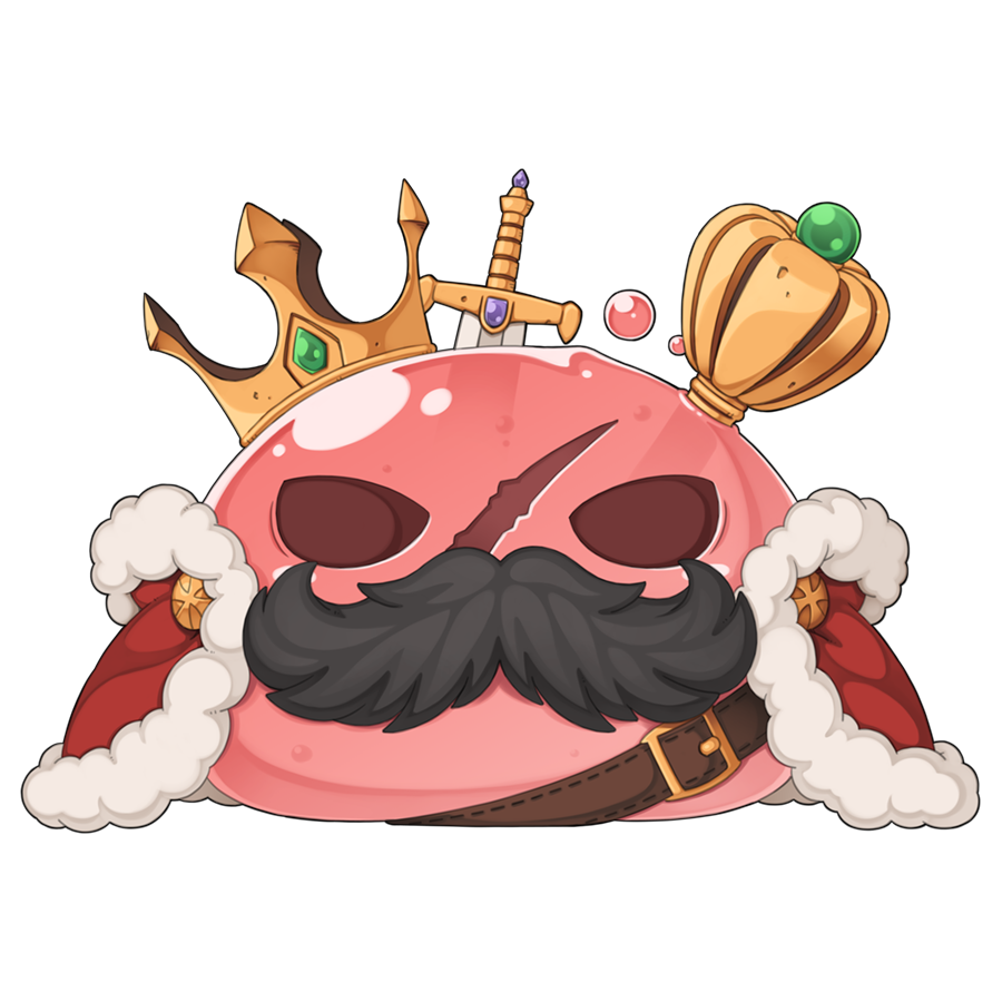 belt, brown_belt, cape, chibi, chibi_only, crown, facial_hair, full_body, fur-trimmed_cape, fur_trim, gem, green_gemstone, king_poring, looking_at_viewer, mustache, no_humans, ragnarok_online, red_cape, scar, simple_background, slime_(creature), solo, sword, transparent_background, weapon, yuichirou