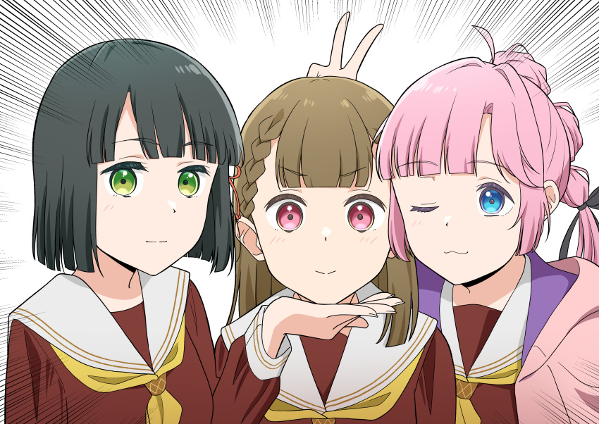 3girls, :>, ;3, absurdres, ahoge, anyoji_hime, black_hair, black_ribbon
