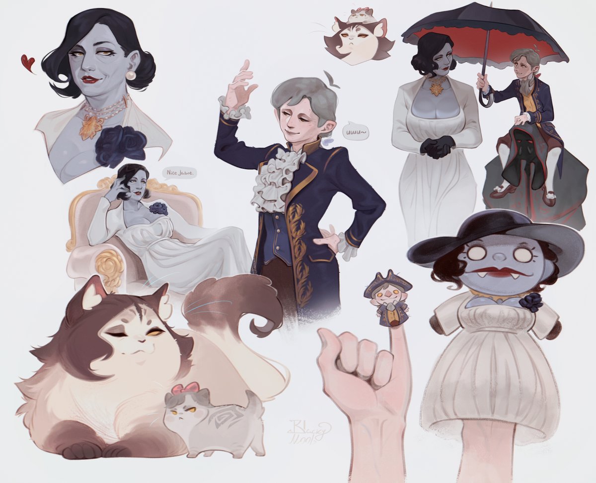 1boy, 1girl, alcina_dimitrescu, animalization, black_hair, blush, dress, finger_puppet