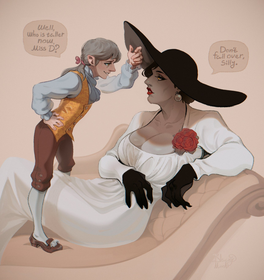 1boy, 1girl, alcina_dimitrescu, black_hair, dress, earrings, grey_hair, highres