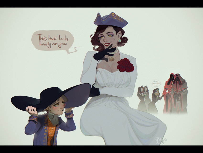 1boy, 2others, 4girls, alcina_dimitrescu, bela_dimitrescu, black_hair, blush, cassandra_dimitrescu