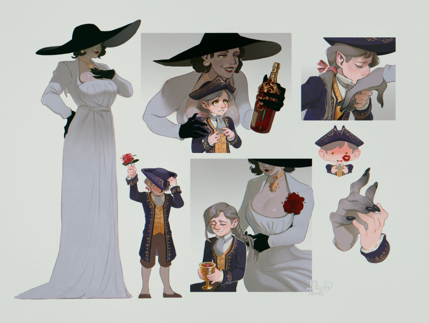 1boy, 1girl, alcina_dimitrescu, black_hair, blush, carrying, dress, grey_hair, highres, jewelry, looking_at_another, medium_hair, necklace, pearl_necklace, pooziqopierdun, ramon_salazar, resident_evil, resident_evil_4, resident_evil_4_(remake), resident_evil_village