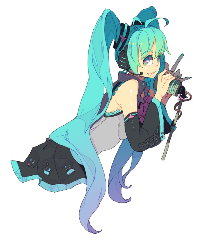ahoge, aqua_eyes, aqua_hair, detached_sleeves, hatsune_miku, long_hair, microphone, microphone_stand, necktie, simple_background, skirt, smile, so3fans, solo, twintails, very_long_hair, vocaloid