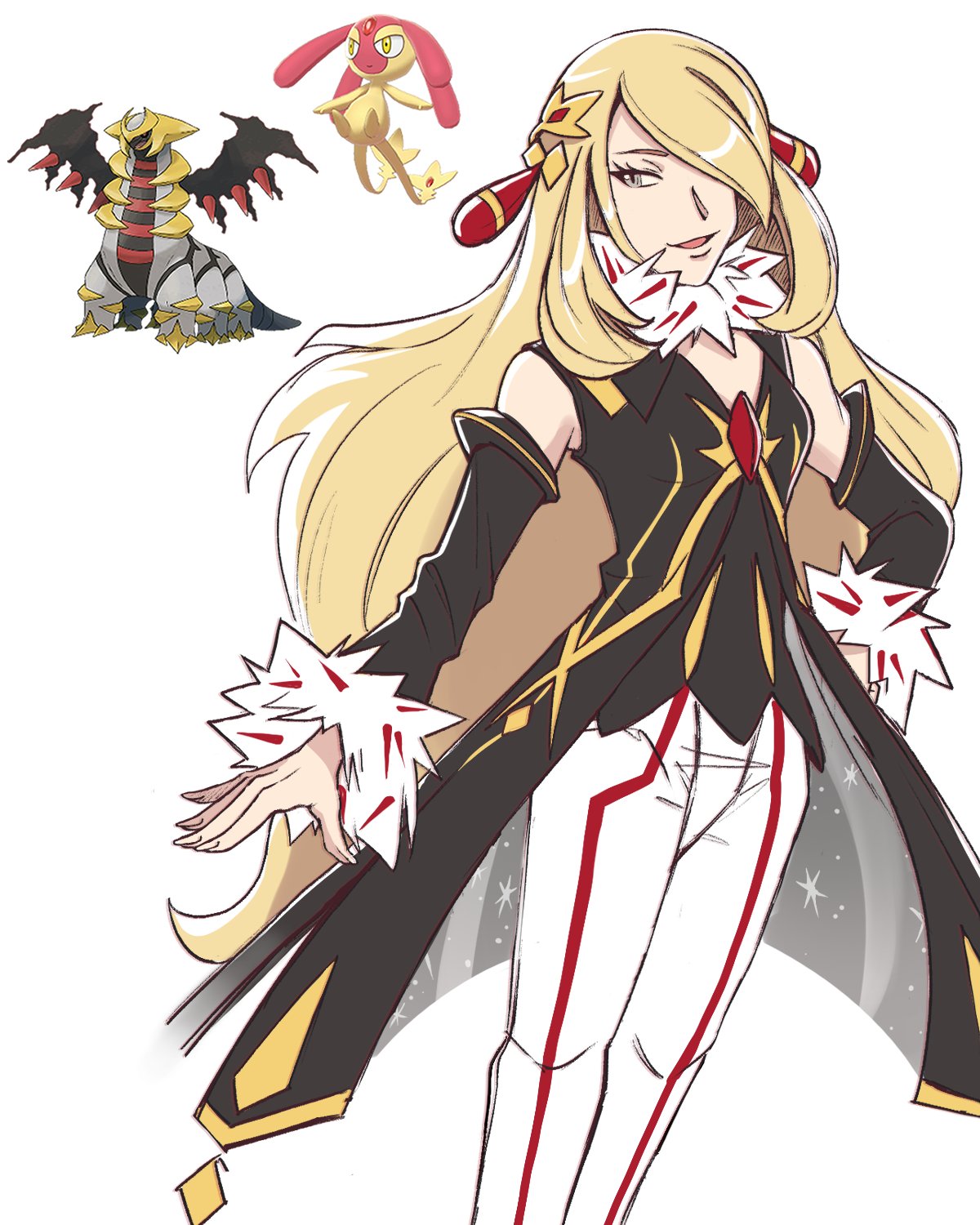 1girl, :d, alternate_color, blonde_hair, commentary, cynthia_(arc_suit)_(pokemon), cynthia_(pokemon), detached_sleeves