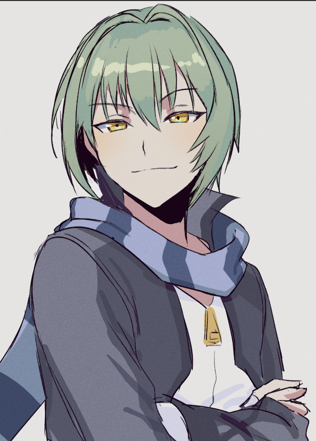 1boy, ao_no_kiseki, blue_scarf, closed_mouth, commentary_request, crossed_arms, eiyuu_densetsu, green_hair