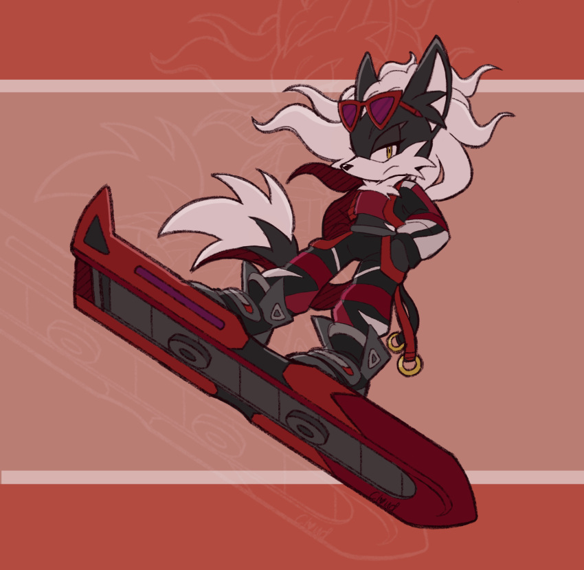 1boy, alternate_costume, animal_ears, cloudvampire, commentary, english_commentary, eyewear_on_head, frown, full_body, furry, furry_male, hands_in_pockets, highres, infinite_(sonic), jackal_boy, jackal_ears, jackal_tail, long_hair, looking_at_viewer, male_focus, official_style, solo, sonic_(series), sonic_forces, sonic_riders, sonic_riders_(series), sunglasses, white_hair, yellow_eyes, zoom_layer