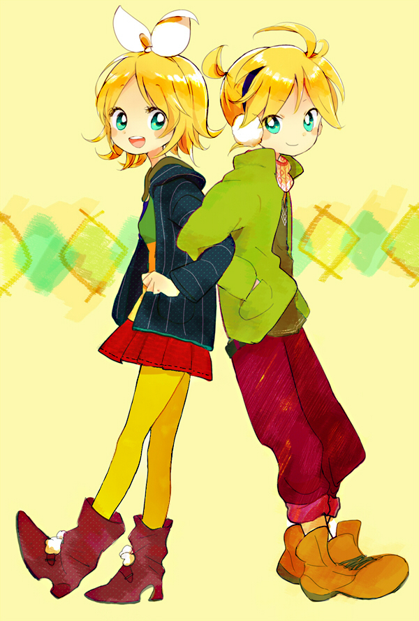 bad_id, blonde_hair, brother_and_sister, casual, co2ichi_(naminaminami), earmuffs, hair_ribbon, kagamine_len