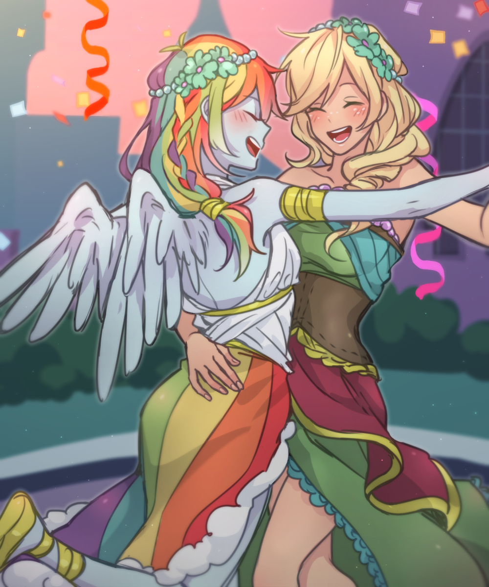 2girls, adapted_costume, animification, applejack, applejack_(equestria_girls), blonde_hair, blue_skin, blush