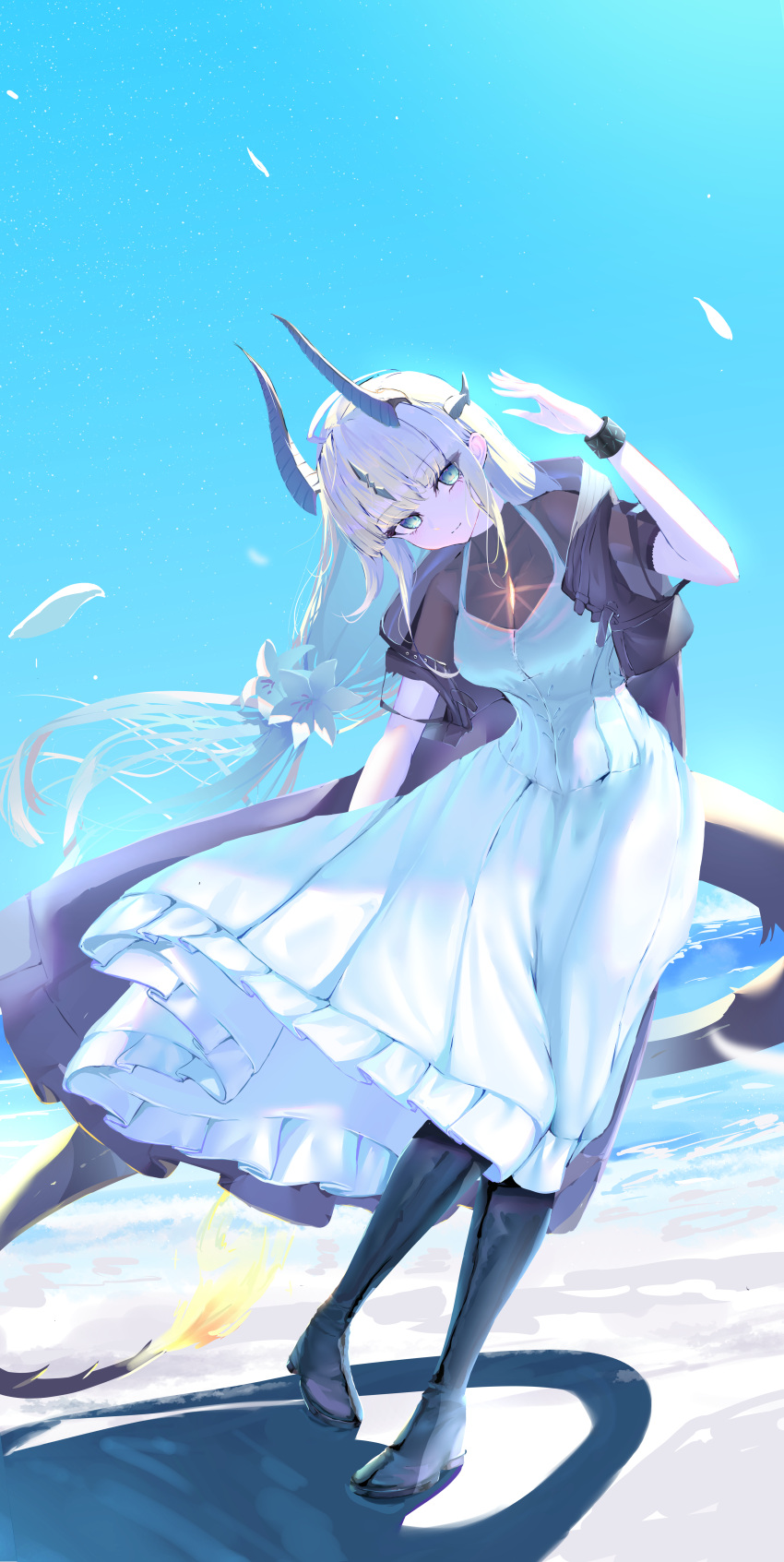 1girl, absurdres, ahoge, arknights, black_horns, black_tail, blonde_hair, blue_sky