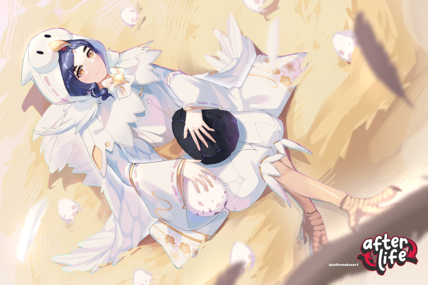 1girl, afterlife_smp, animification, bird_girl, bird_legs, bird_wings, blue_hair, chicken_costume, commentary, detached_sleeves, dragon_egg_(minecraft), egg, english_commentary, feathered_wings, full_body, highres, holding, hood, hood_up, laurenzside, laurenzside_(avian), logo, long_hair, looking_at_viewer, minecraft, minecraft_youtube, nest, saikomakesart, sitting, smile, solo, wings, yellow_eyes