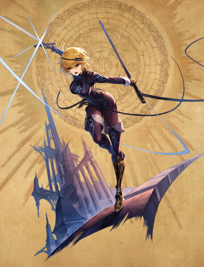 1girl, absurdres, black_footwear, blonde_hair, boots, brown_eyes, dare_ga_tame_no_alchemist, drawing_sword