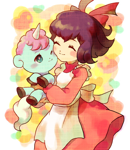 1girl, animal, apron, black_hair, blush_stickers, bow, bright_pupils, chao_(unico)