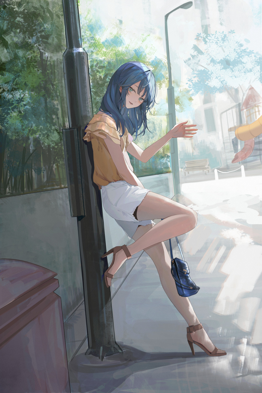 1girl, absurdres, aqua_eyes, bag, bench, blue_bag, blue_hair, brown_footwear
