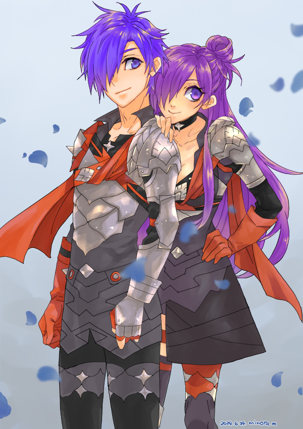 1boy, 1girl, armor, black_choker, blue_background, breastplate, bryminoru, cape