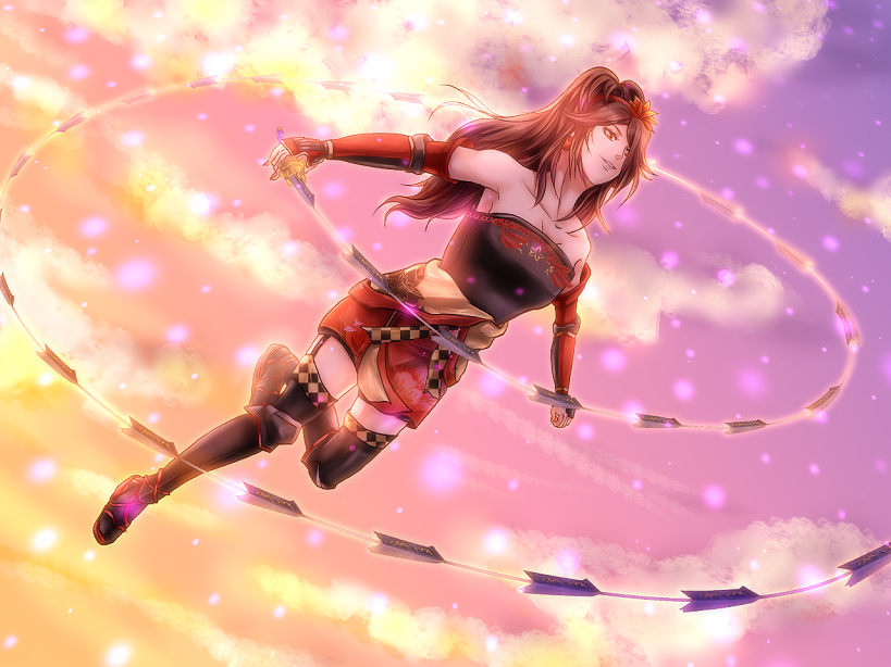 bare_shoulders, black_legwear, black_thighhighs, brown_eyes, brown_hair, detached_sleeves, earrings, female, flower, hair_flower, hair_ornament, hairband, hoshikirari, jewelry, kaihime, long_hair, sandals, sengoku_musou, sengoku_musou_3, skirt, sky, solo, sword, thigh-highs, thighhighs, weapon, whip, whip_sword