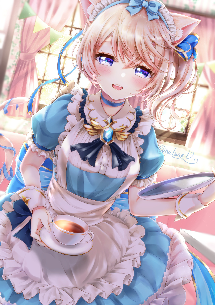 1girl, absurdres, animal_ears, apron, blonde_hair, cafe, cat_ears, commentary_request