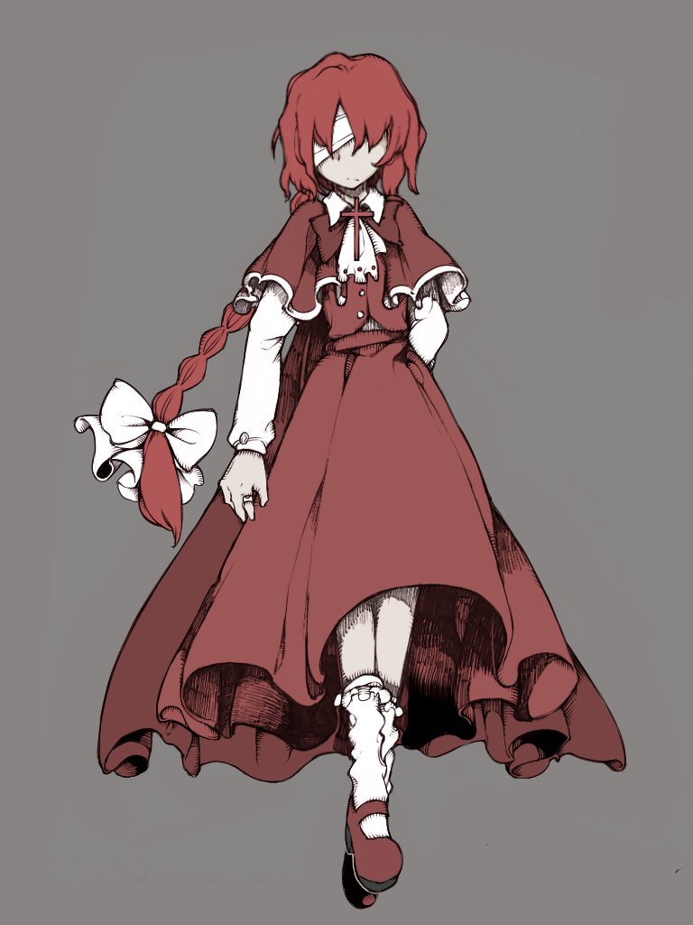 1girl, ankle_socks, ascot, bandage_over_one_eye, belt, bolos, bow, bowtie