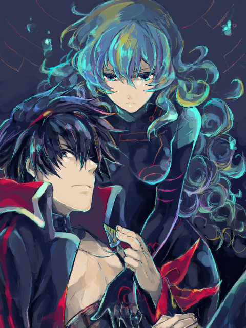 antispiral_nia, blue_hair, bodysuit, drill, frown, kuroemon, long_hair, multicolored_hair