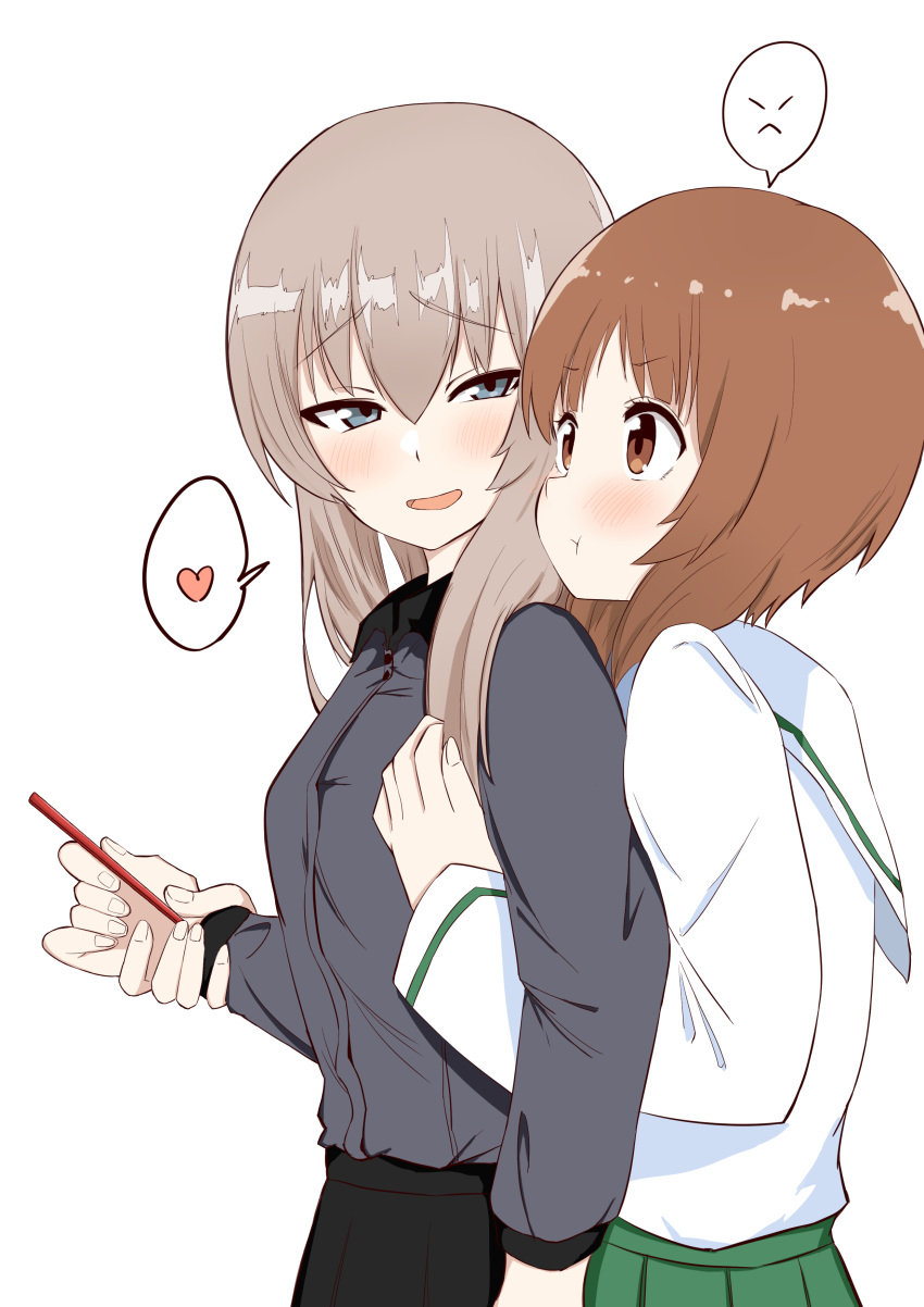 2girls, absurdres, blush, breasts, brown_eyes, chaarai, closed_mouth, commentary_request