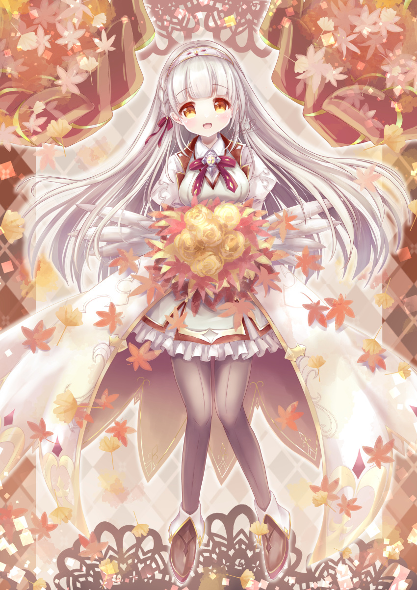 absurdres, autumn_leaves, bouquet, braid, chakuma_academy_uniform, coat, fake_wings, feathered_wings