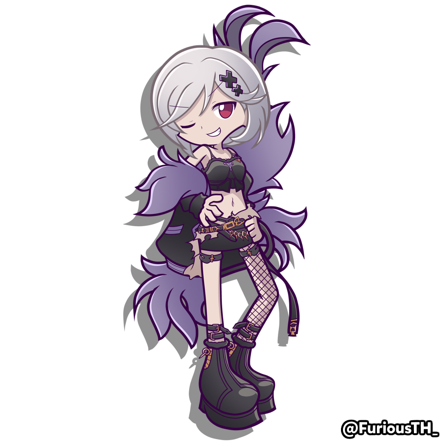 1girl, :d, alter_ego_malevolent_(granblue_fantasy), artist_name, asymmetrical_legwear, belt, black_belt, black_footwear