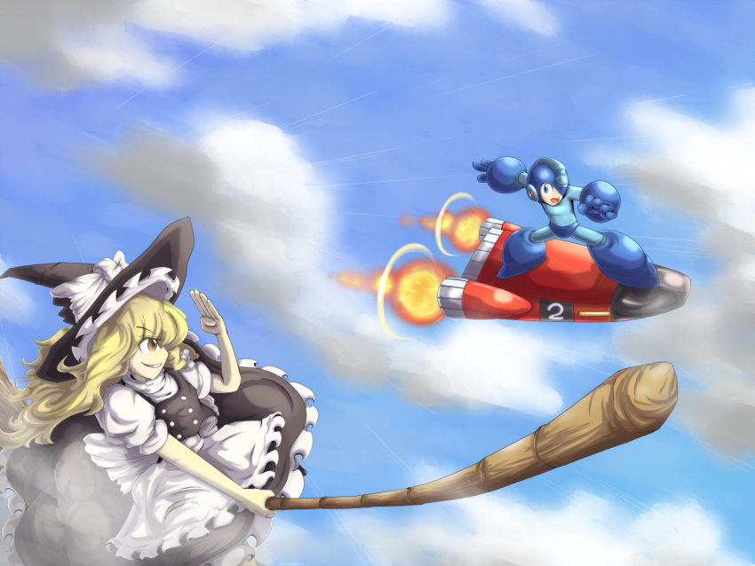 1girl, armor, blonde_hair, blue_eyes, broom, broom_riding, cloud, clouds