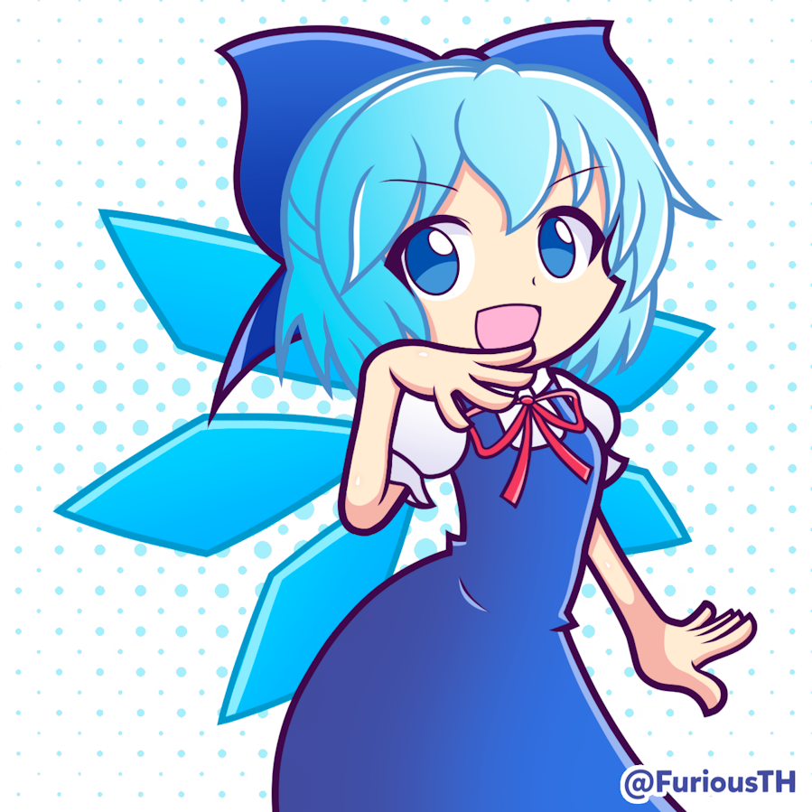 1girl, :d, arms_at_sides, artist_name, blue_bow, blue_dress, blue_eyes, blue_hair