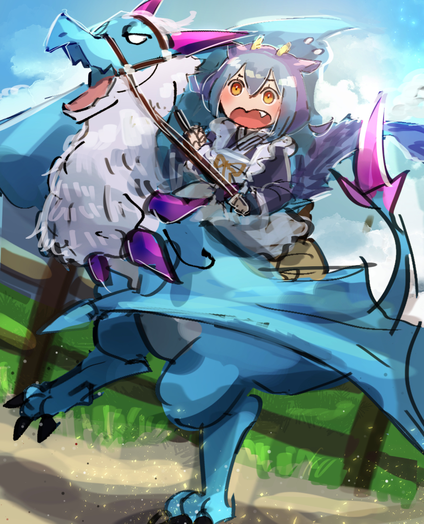 1girl, apron, blue_hair, dracoback_the_rideable_dragon, dragon_girl, dragon_horns, dragon_tail, dragon_wings