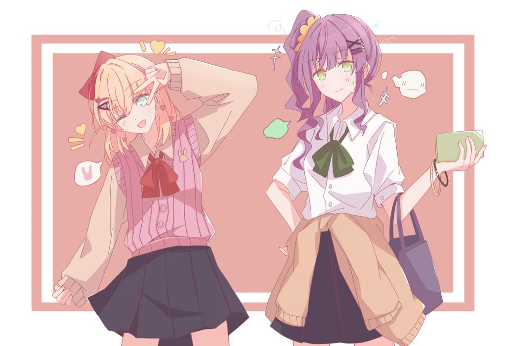 +++, 2girls, ;d, bag, black_skirt, blush, bow, bowtie