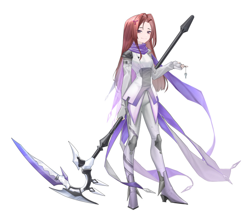 1girl, absurdres, alternate_costume, boots, breasts, brown_hair, commission, commissioner_upload, digital_hazard, dusk_(wayanfa), full_body, gloves, hair_ornament, hairclip, high_heel_boots, high_heels, highres, holding, holding_scythe, jewelry, knee_pads, long_hair, long_sleeves, looking_at_viewer, non-web_source, original, pendant, pink_eyes, rhan, scarf, scythe, shoulder_pads, small_breasts, tight_clothes, transparent_background