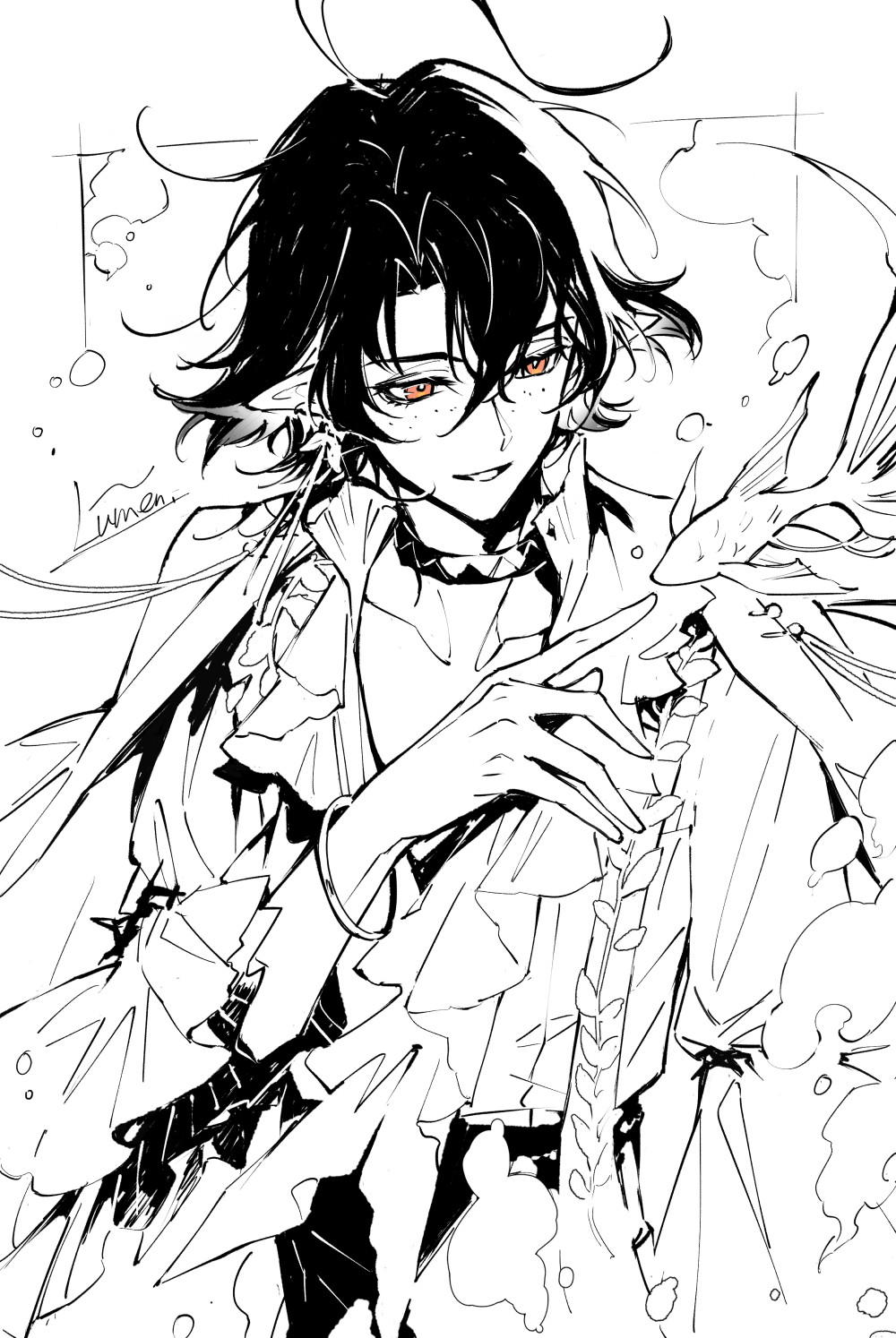 1boy, air_bubble, arknights, bracelet, bubble, character_name, commentary_request, cowboy_shot