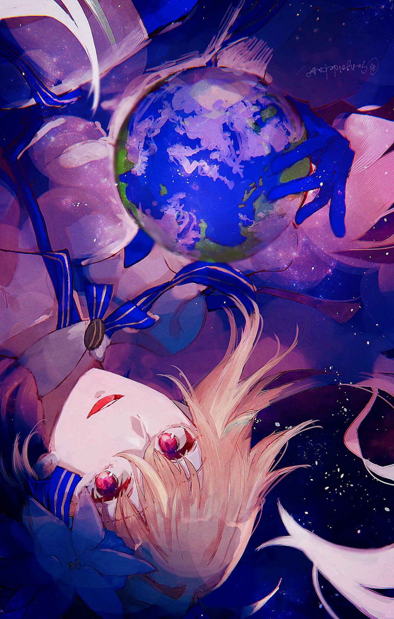 1girl, arcueid_brunestud, blonde_hair, blue_gloves, commentary_request, dress, earth_(planet), flower, gloves, hair_flower, hair_ornament, highres, open_mouth, planet, red_eyes, smile, solo, space, sungoidekame, tsukihime, white_dress