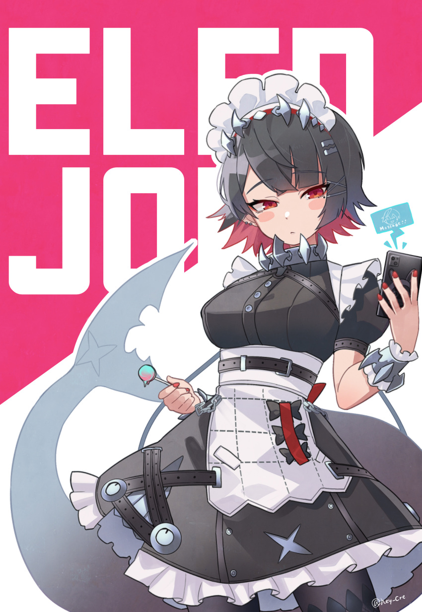 absurdres, blush_stickers, breasts, candy, cellphone, character_name, closed_mouth, colored_inner_hair