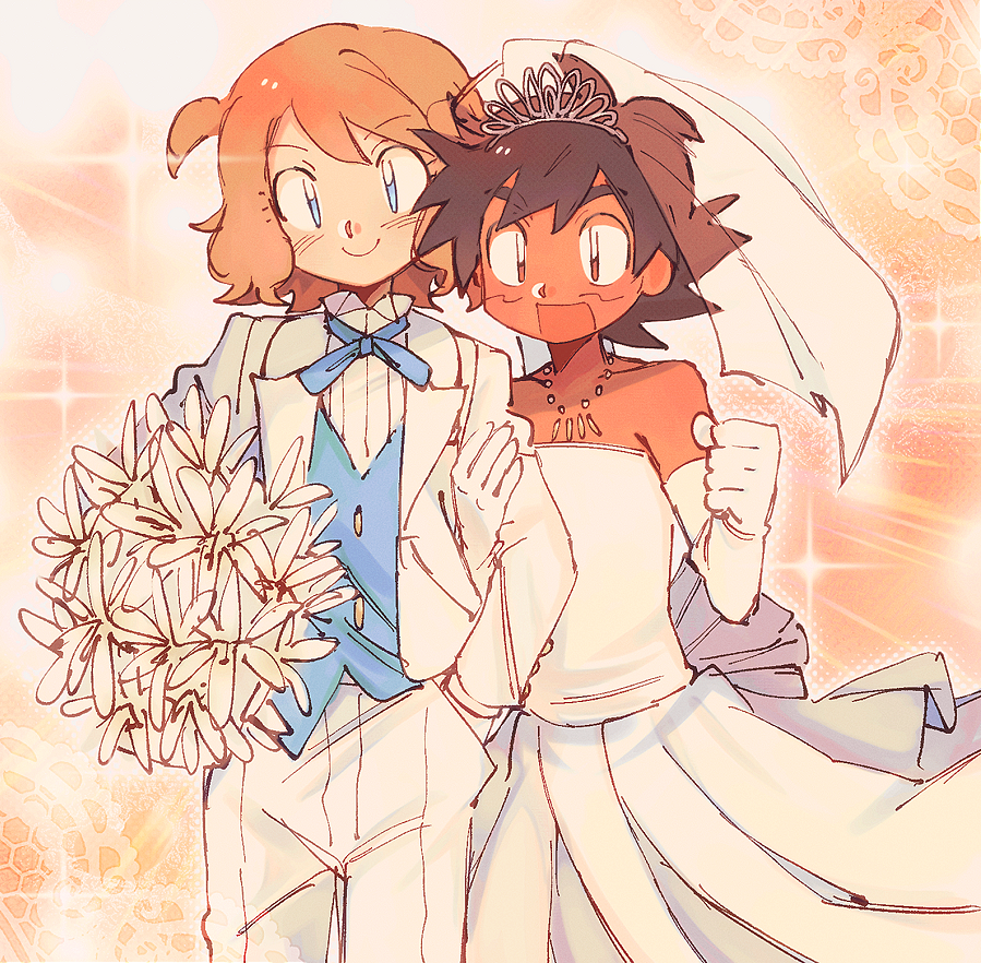 1boy, 1girl, ash_ketchum, bare_shoulders, black_hair, blonde_hair, blue_eyes, blush