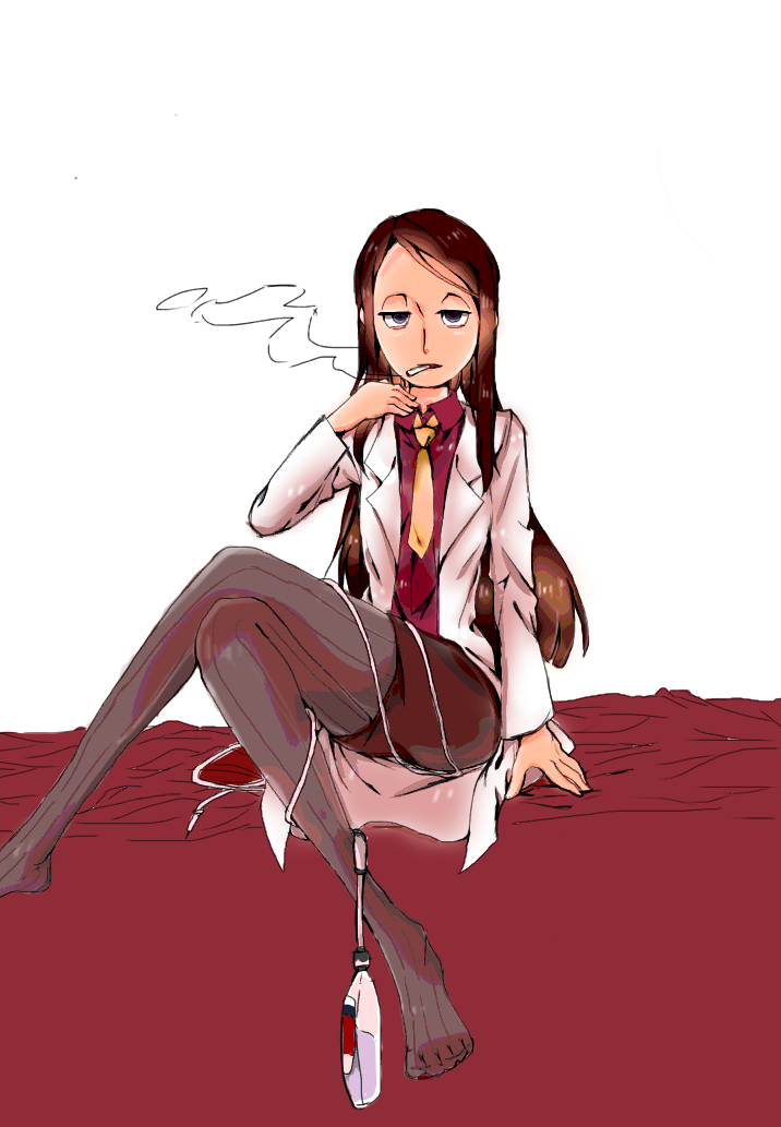 1girl, barbara_folky, bba_k, brown_hair, cigarette, collared_shirt, commentary_request, crossed_legs