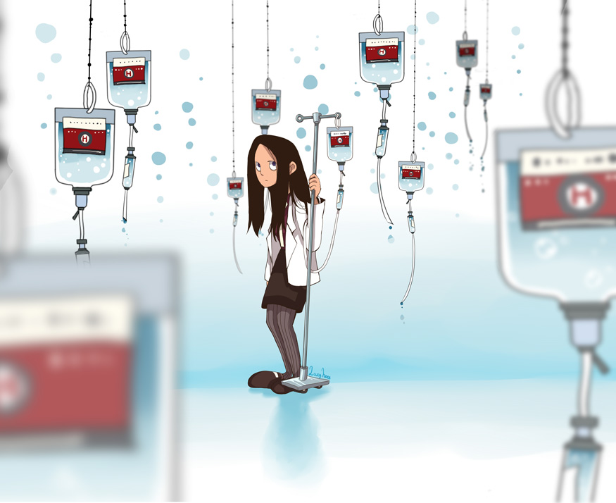 1girl, barbara_folky, blue_eyes, brown_hair, intravenous_drip, iv_stand, lab_coat, layton_brothers:_mystery_room