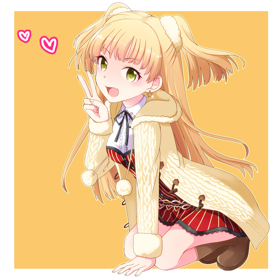 1girl, arm_support, azuma_kei, black_ribbon, blonde_hair, blush, boots, breasts