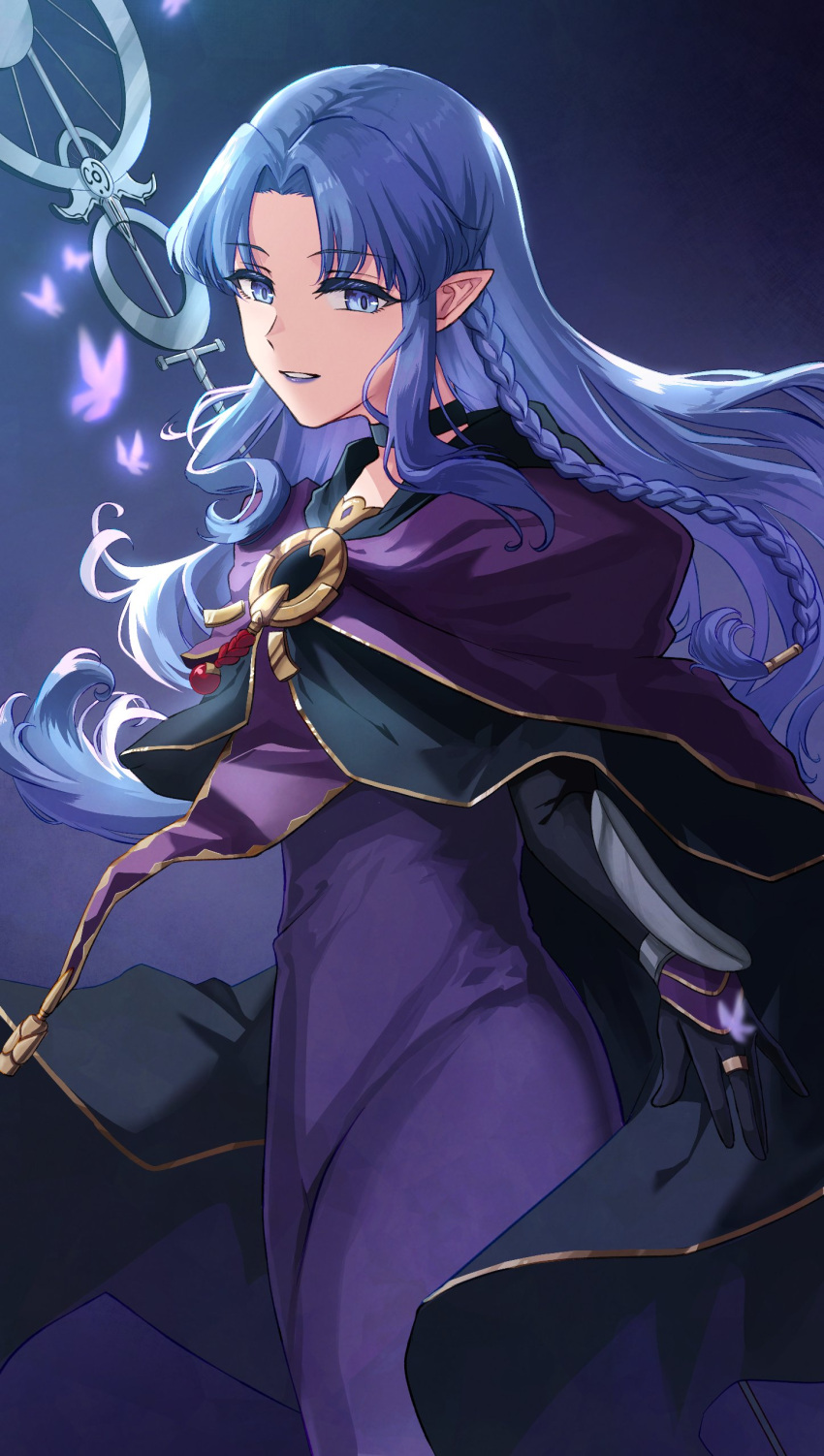 1girl, absurdres, black_cloak, black_gloves, blue_eyes, blue_hair, blue_lips, braid, bug, butterfly, cloak, commentary_request, curtained_hair, fate/grand_order, fate_(series), gloves, gold_trim, highres, long_hair, looking_at_viewer, medea_(fate), parted_lips, pointy_ears, purple_butterfly, purple_cloak, smile, solo, standing, teimei_natsu