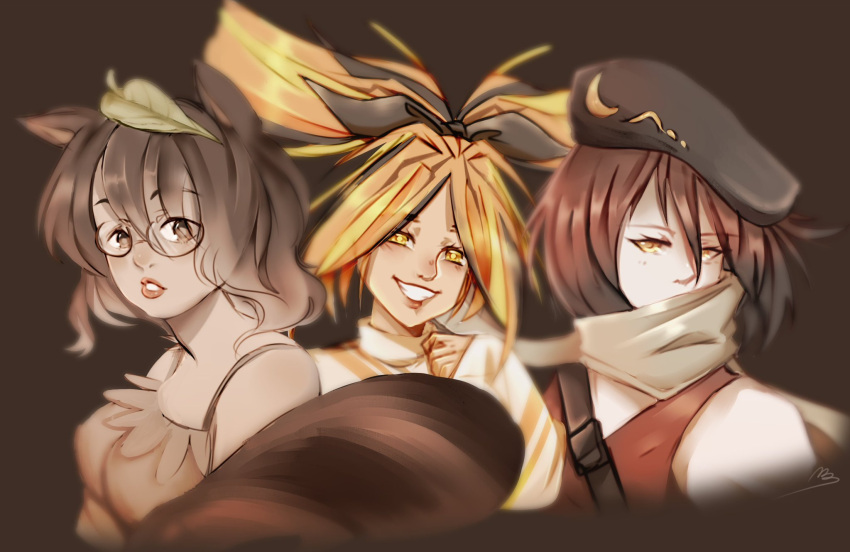 3girls, animal_ears, bad_id, bad_twitter_id, bag, bare_shoulders, belt, beret