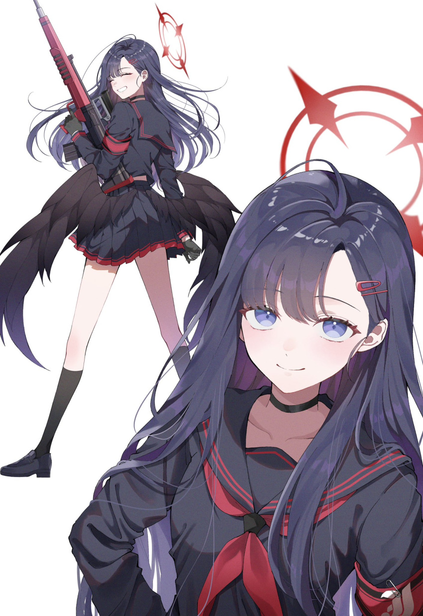 1girl, armband, assault_rifle, black_choker, black_gloves, black_hair, black_serafuku, black_wings