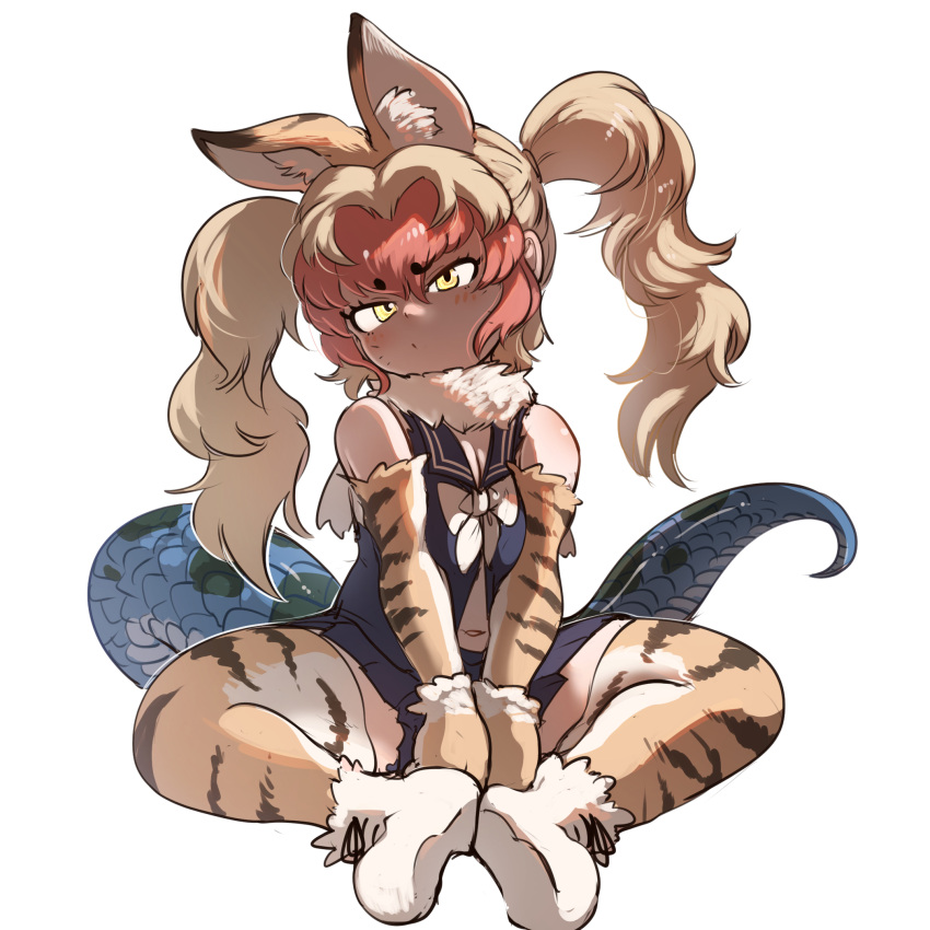 1girl, animal_ears, animal_print, bare_shoulders, blonde_hair, blue_shirt, blue_skirt, blush